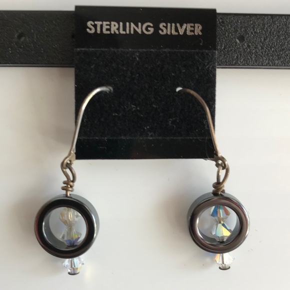 Vintage Handmade Hematite Circle Swarovski Crystal Sterling Silver Earrings - Picture 2 of 4